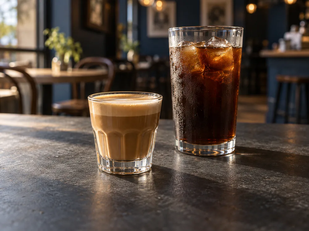 A cortado in a small Gibraltar glass beside an iced cold brew on a sunlit cafe table
